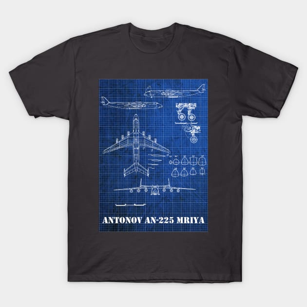 Vintage Blueprint of Antonov AN 225 Mriya Aircraft T-Shirt by Geoji 